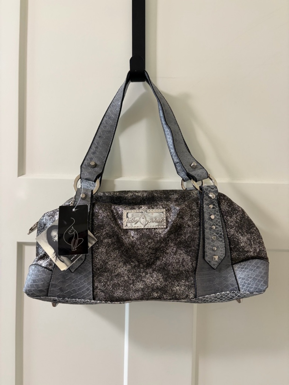 NEW Baby Phat VTG Y2K Gray Shoulder Bag Purse, Snakeskin Print, Metallic, Studs